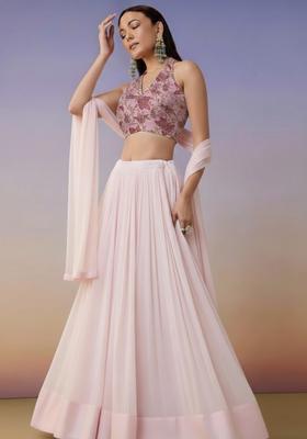Light Pink Embroidered Crepe Lehenga Set
