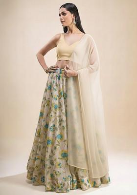 Cream Embroidered Organza Lehenga Set