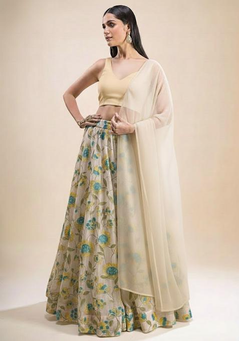 Cream Embroidered Organza Lehenga Set
