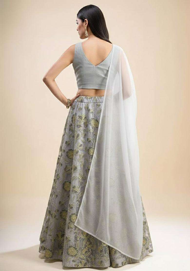 Grey Embroidered Organza Lehenga Set - Indya