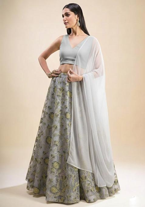 Grey Embroidered Organza Lehenga Set