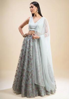 Light Blue Embroidered Organza Lehenga Set