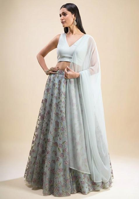 Light Blue Embroidered Organza Lehenga Set