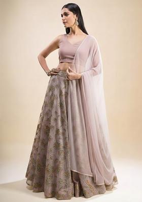 Mauve Embroidered Organza Lehenga Set