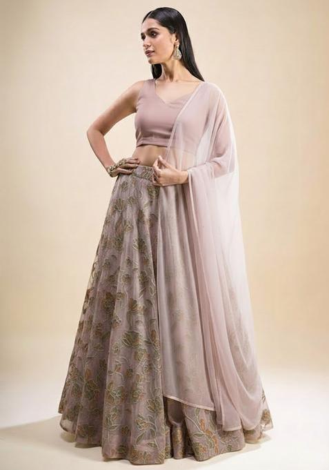 Mauve Embroidered Organza Lehenga Set