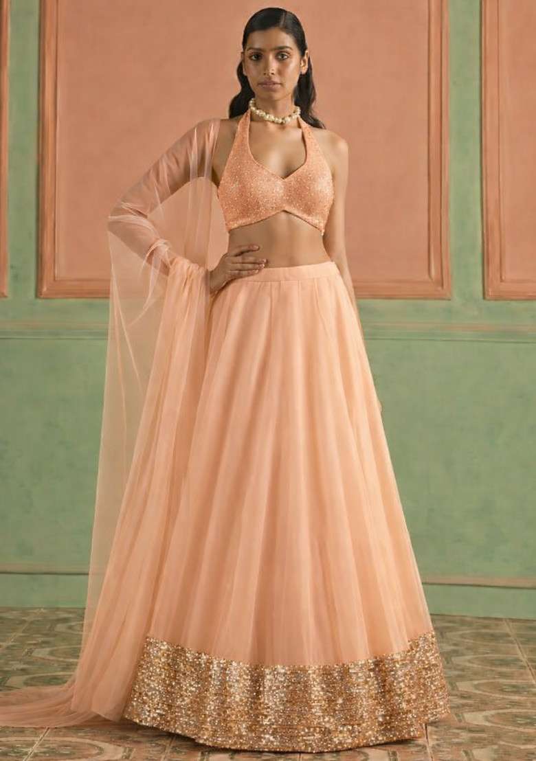 Peach Sequin Shimmer Lehenga Set - Indya