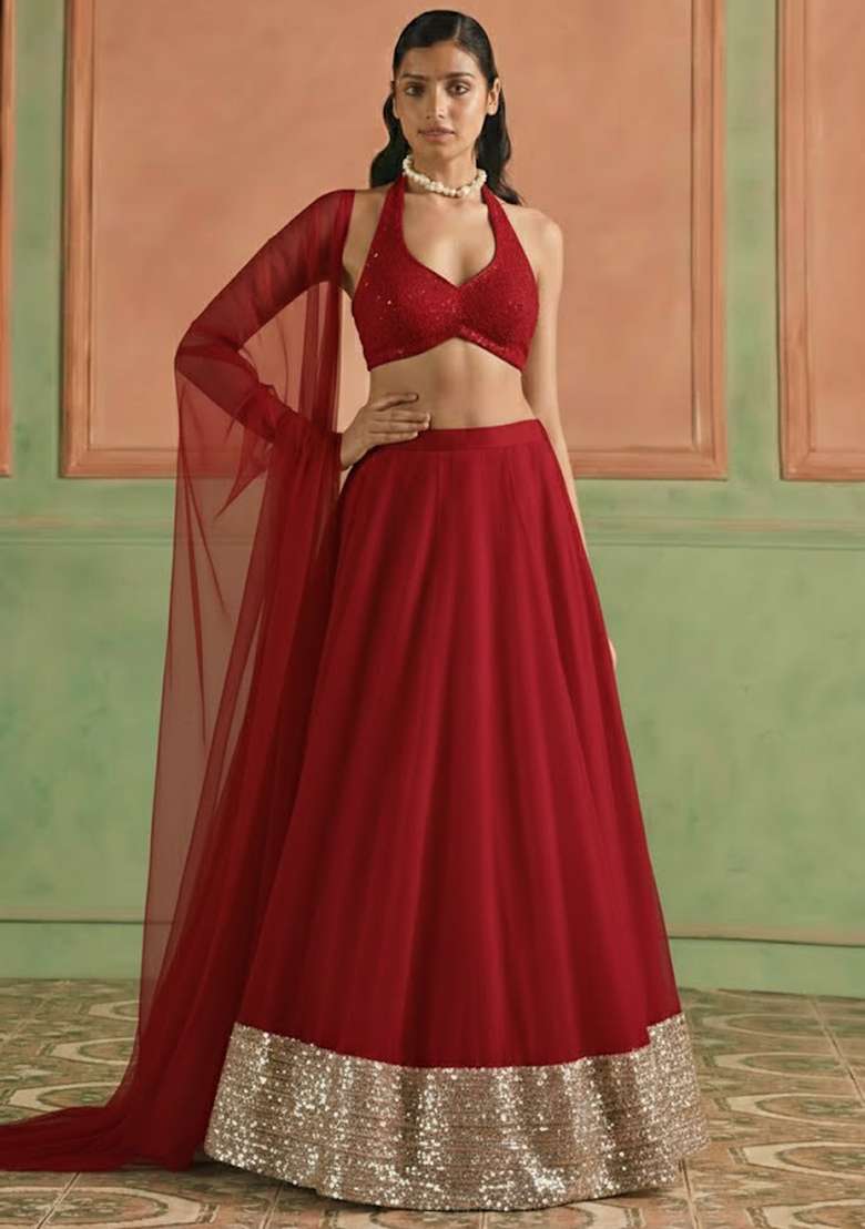 Red Sequin Shimmer Lehenga Set - Indya