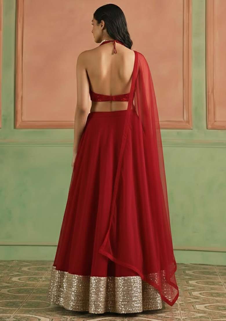 Red Sequin Shimmer Lehenga Set - Indya