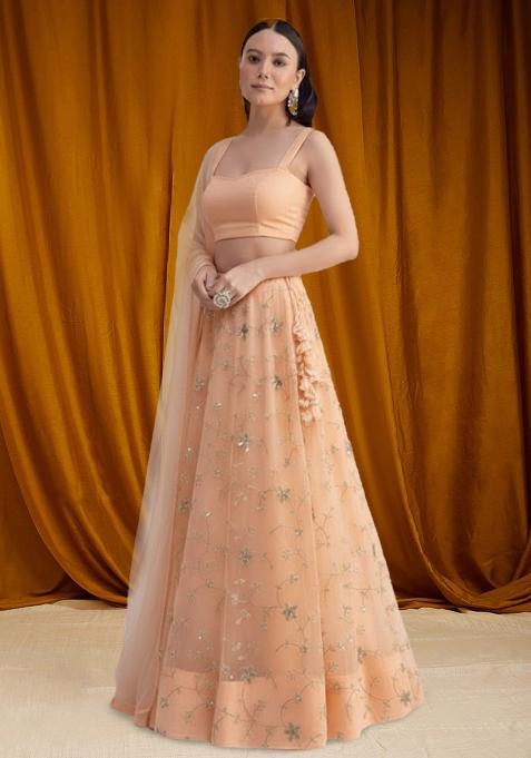 Peach Sequin Crepe Lehenga Set