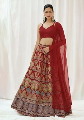 Red Printed Crepe Lehenga Set
