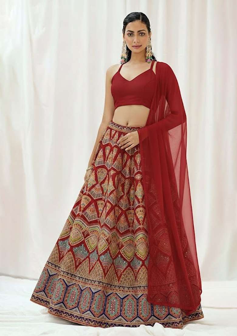 Red Printed Crepe Lehenga Set - Indya