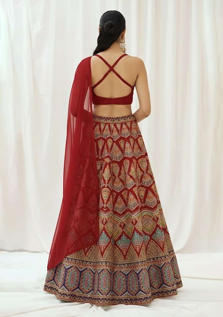 Red Printed Crepe Lehenga Set - Indya