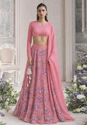 Pink Embroidered Organza Lehenga Set