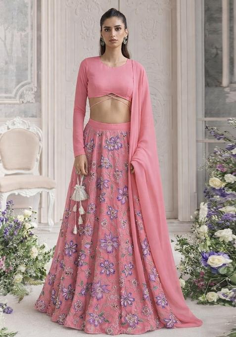 Pink Embroidered Organza Lehenga Set