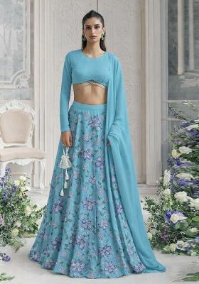 Sky Blue Embroidered Organza Lehenga Set