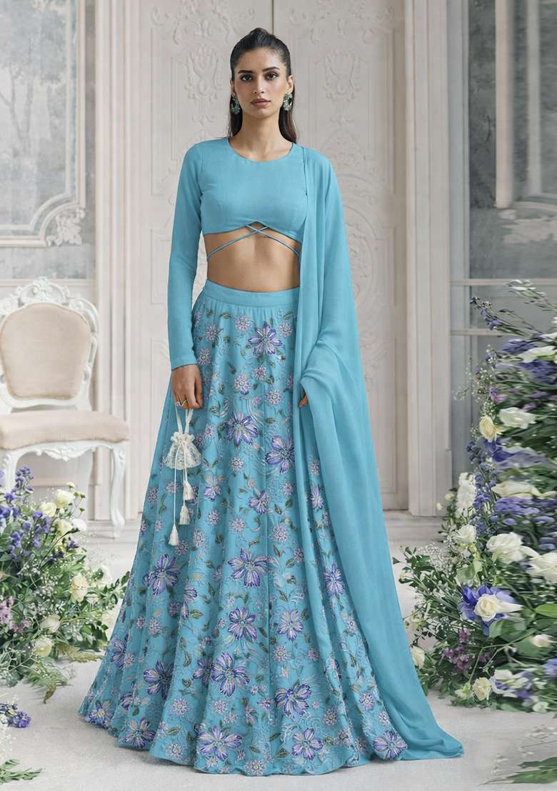 Sky Blue Embroidered Organza Lehenga Set - Indya