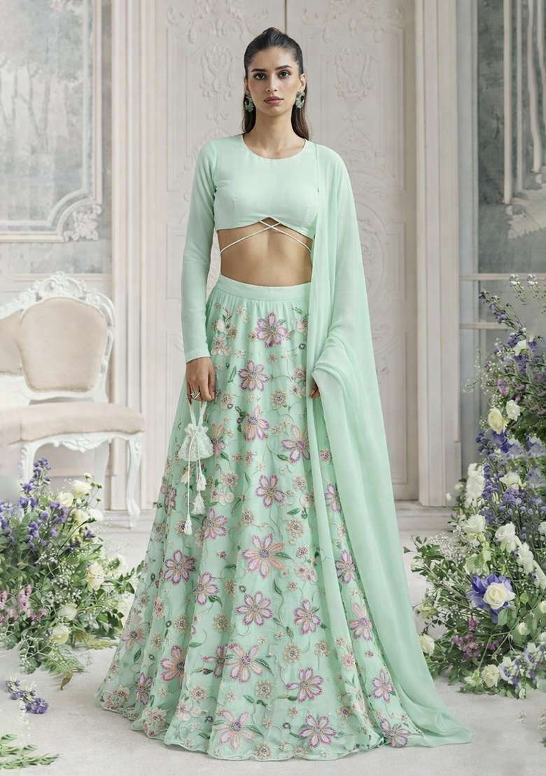 White Embroidered Organza Lehenga Set - Indya