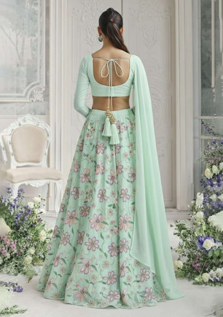 White Embroidered Organza Lehenga Set - Indya