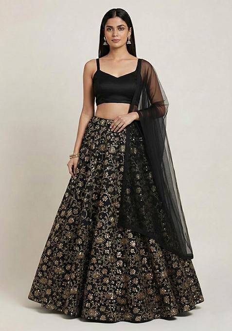 Black Sequin Net Lehenga Set