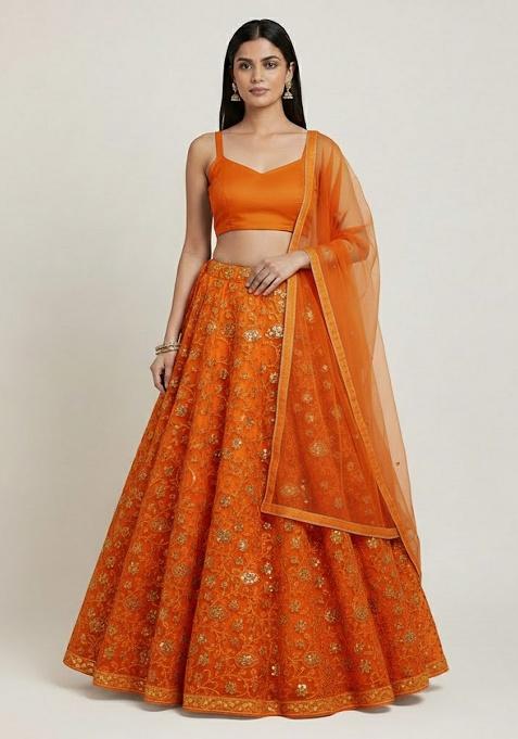 Orange Sequin Net Lehenga Set