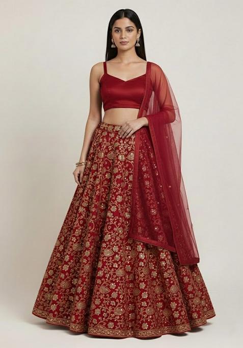 Red Sequin Net Lehenga Set