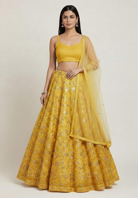 Yellow Sequin Net Lehenga Set