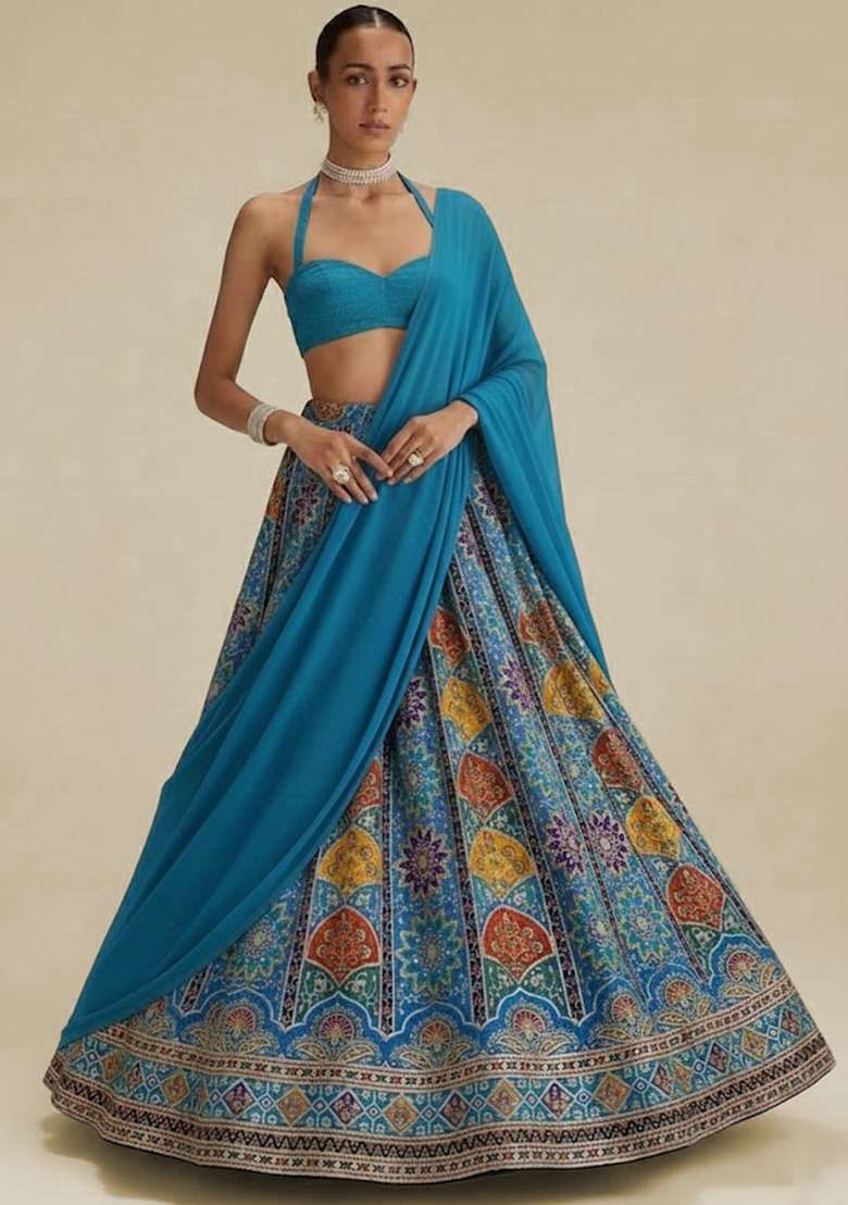 Turquoise Embroidered Crepe Lehenga Set - Indya