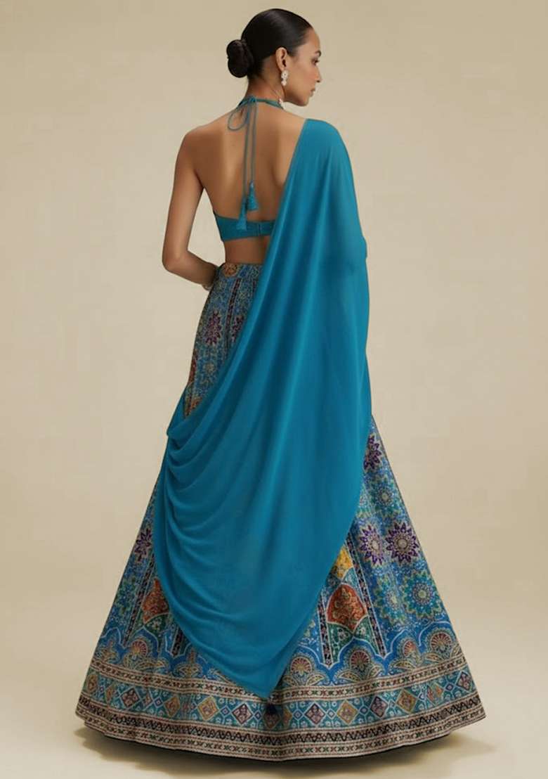 Turquoise Embroidered Crepe Lehenga Set - Indya