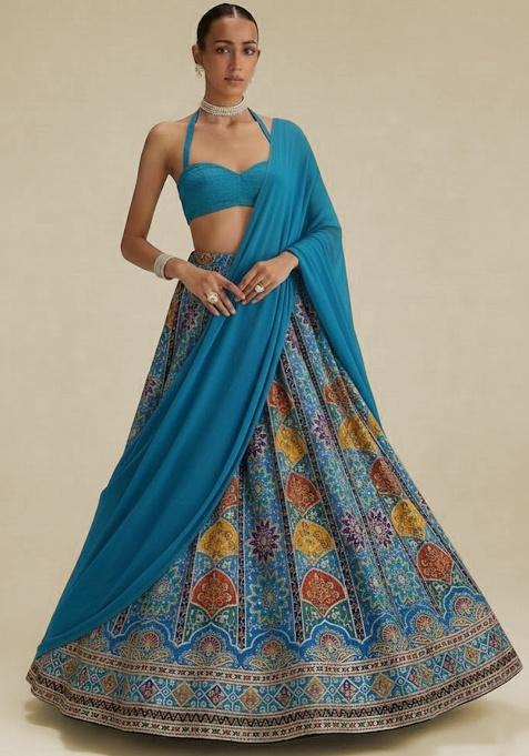 Turquoise Embroidered Crepe Lehenga Set