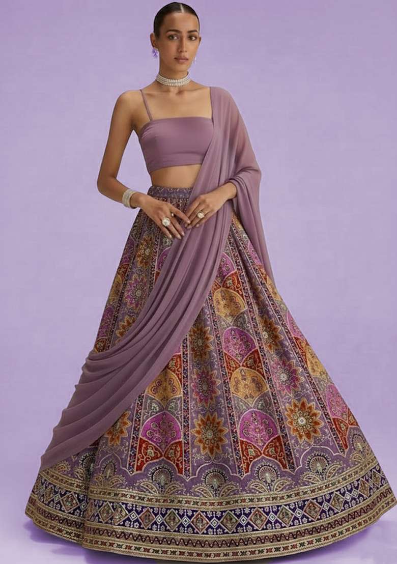 Lavender Embroidered Crepe Lehenga Set - Indya