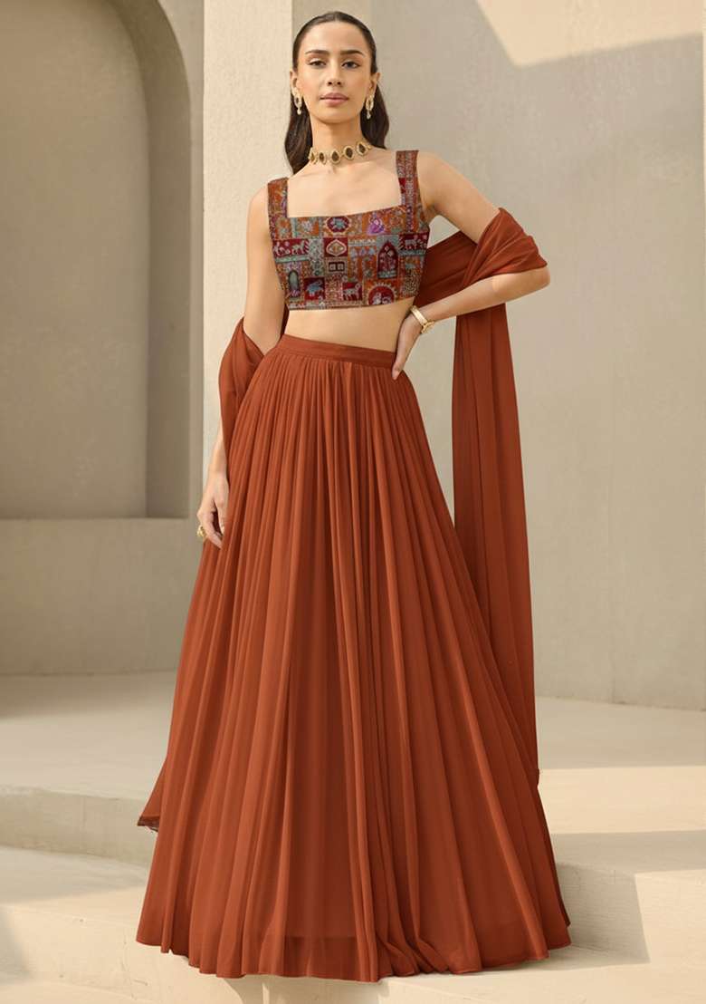 Rust Orange Printed Crepe Lehenga Set - Indya