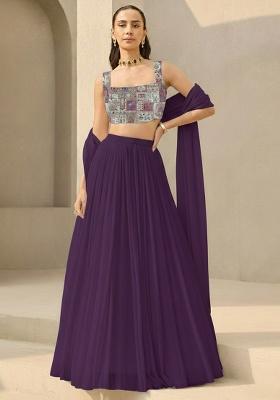 Purple Printed Crepe Lehenga Set