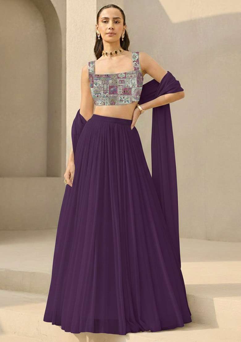 Purple Printed Crepe Lehenga Set - Indya