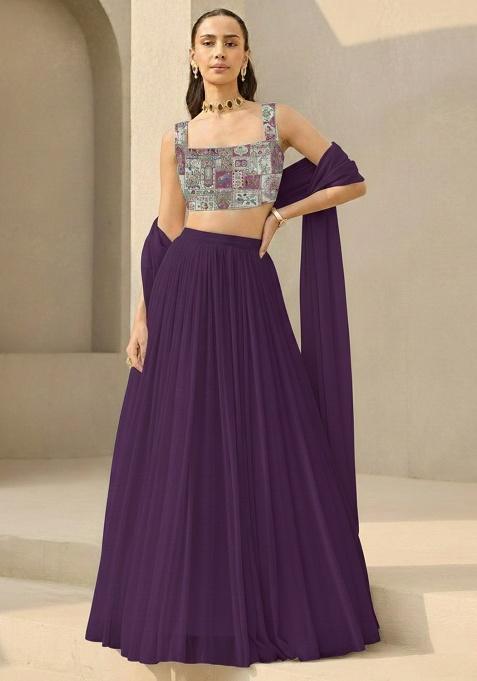 Purple Printed Crepe Lehenga Set