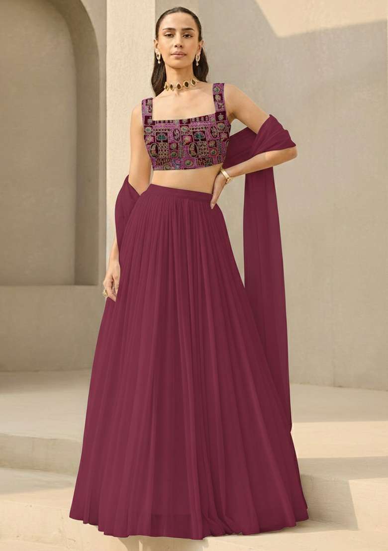 Deep Wine Printed Crepe Lehenga Set - Indya