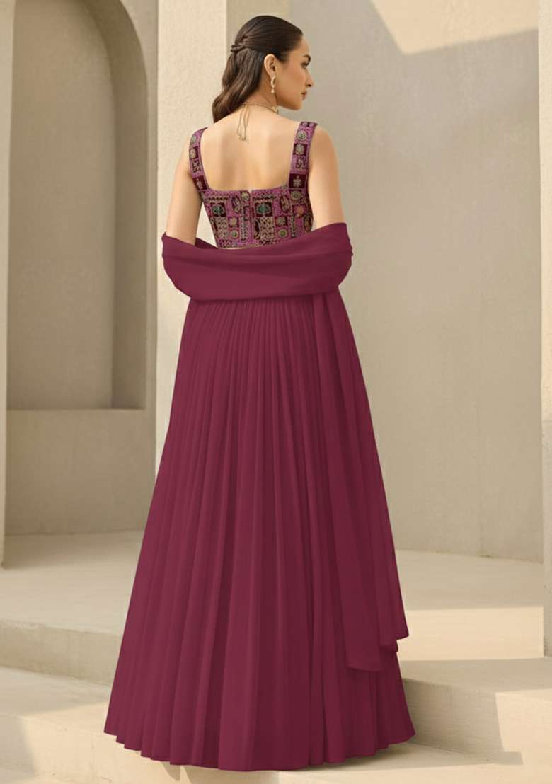 Deep Wine Printed Crepe Lehenga Set - Indya