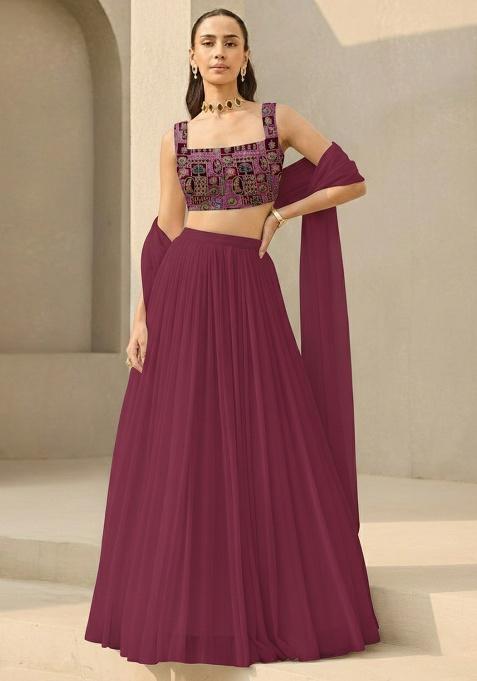 Deep Wine Printed Crepe Lehenga Set