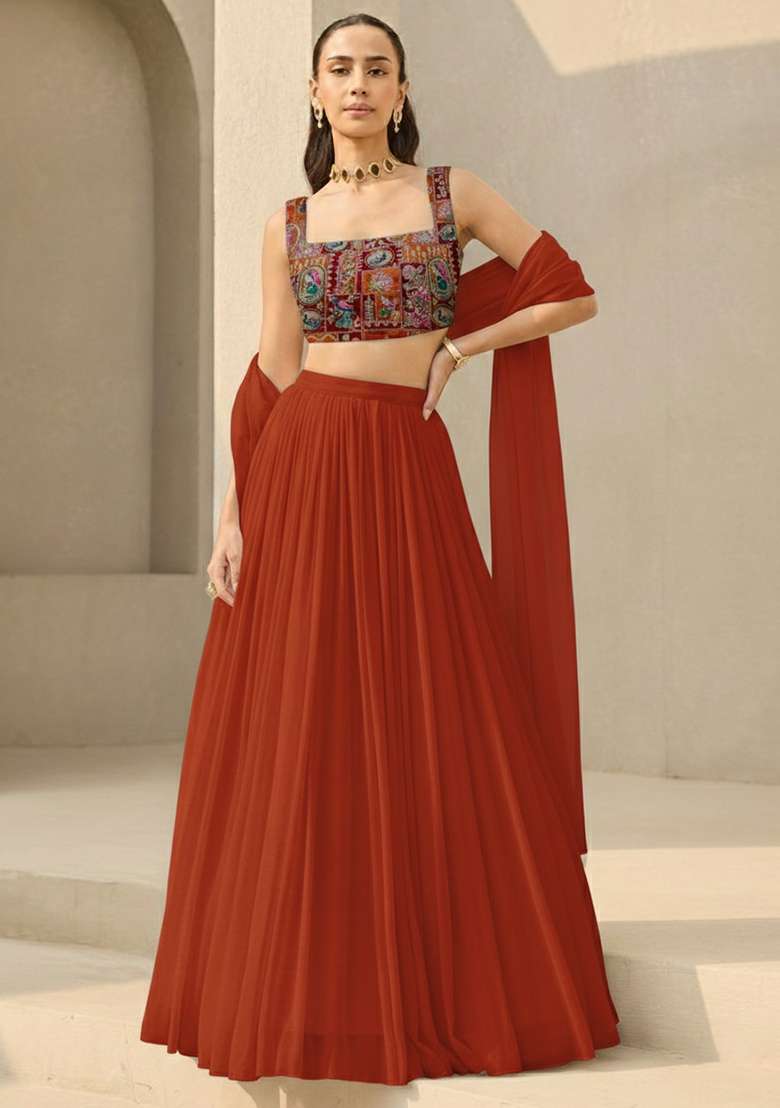 Rust Printed Crepe Lehenga Set - Indya