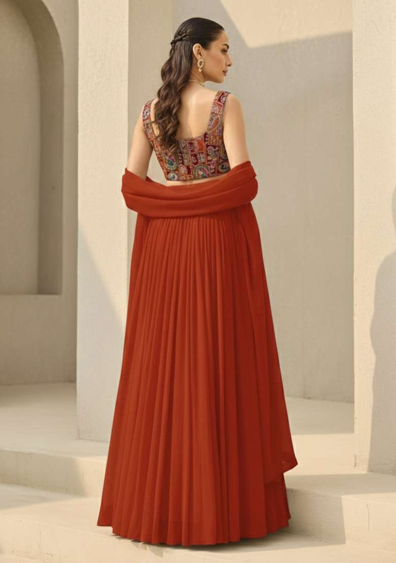 Rust Printed Crepe Lehenga Set - Indya