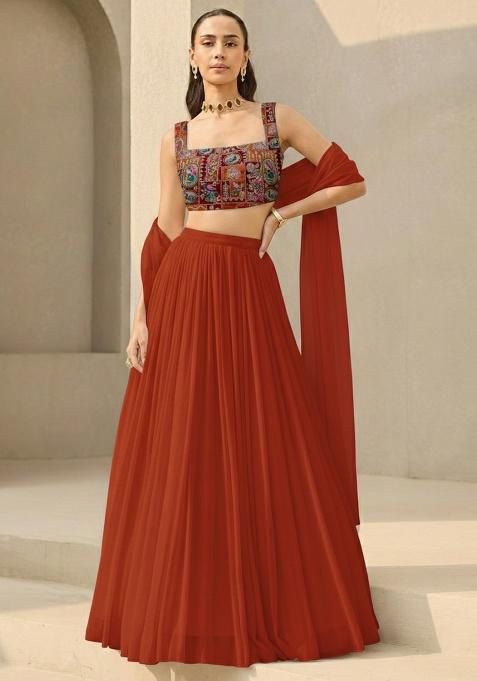 Rust Printed Crepe Lehenga Set