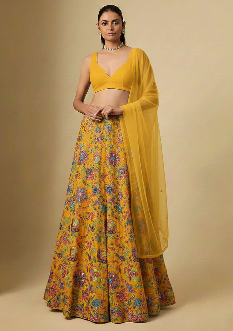 Mustard Floral Print Chinon Lehenga Set - Indya