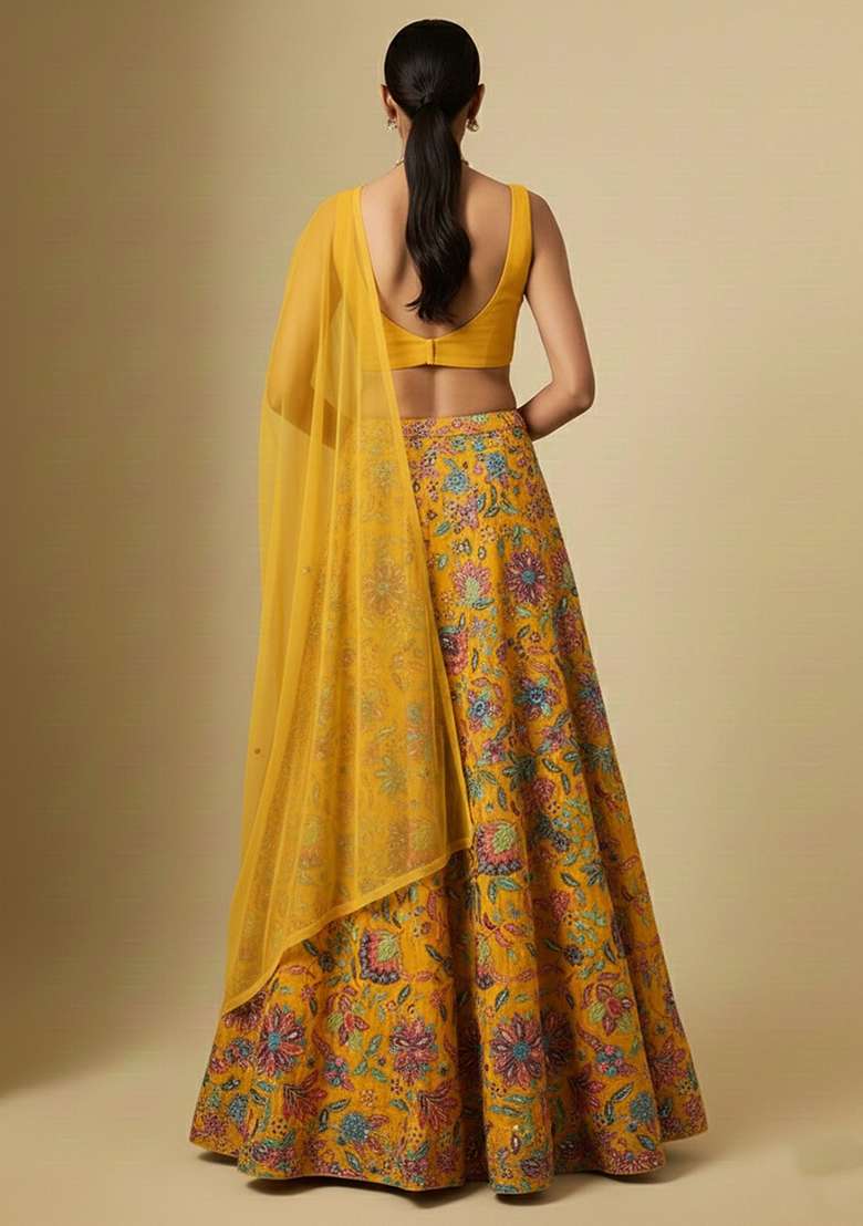 Mustard Floral Print Chinon Lehenga Set - Indya