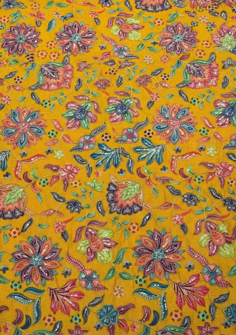 Mustard Floral Print Chinon Lehenga Set - Indya