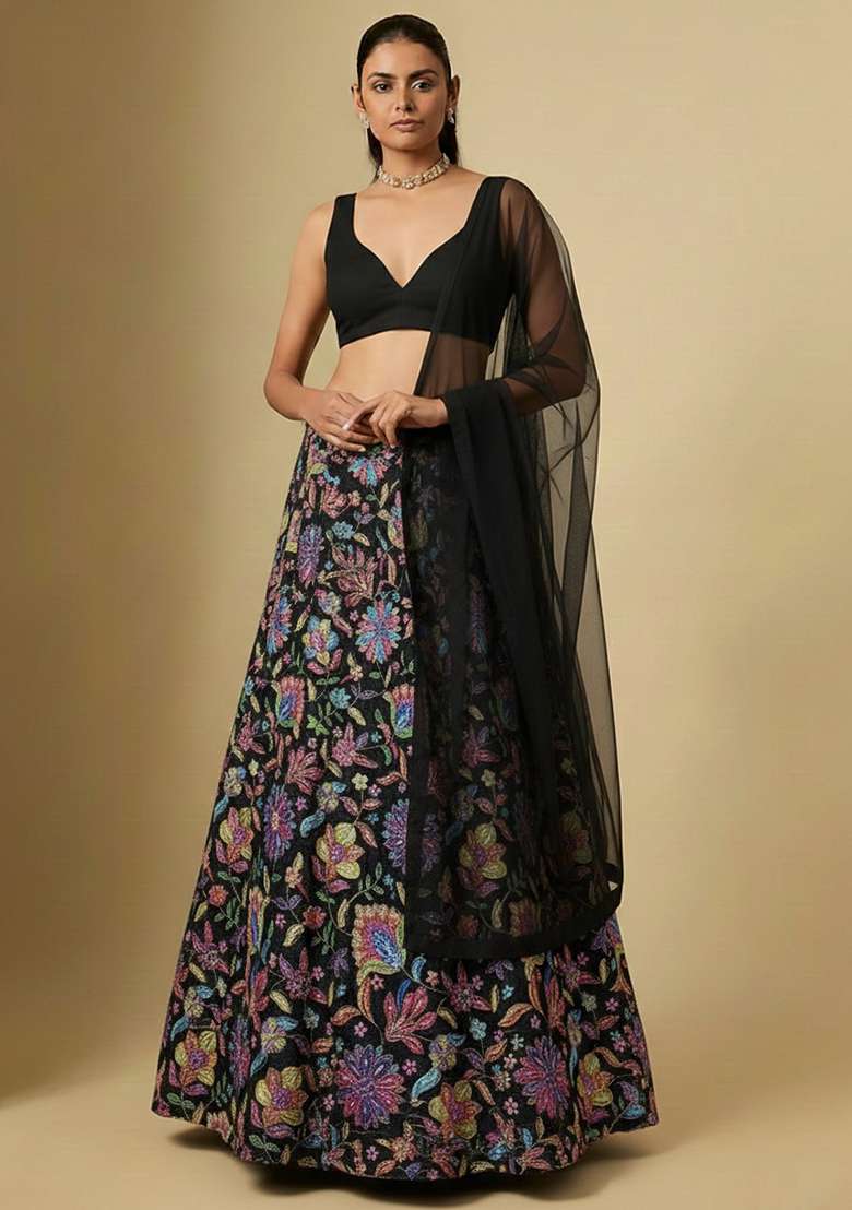 Black Chinon Lehenga Set with Floral Print for Diwali | Wedding & Festive Wear - Indya