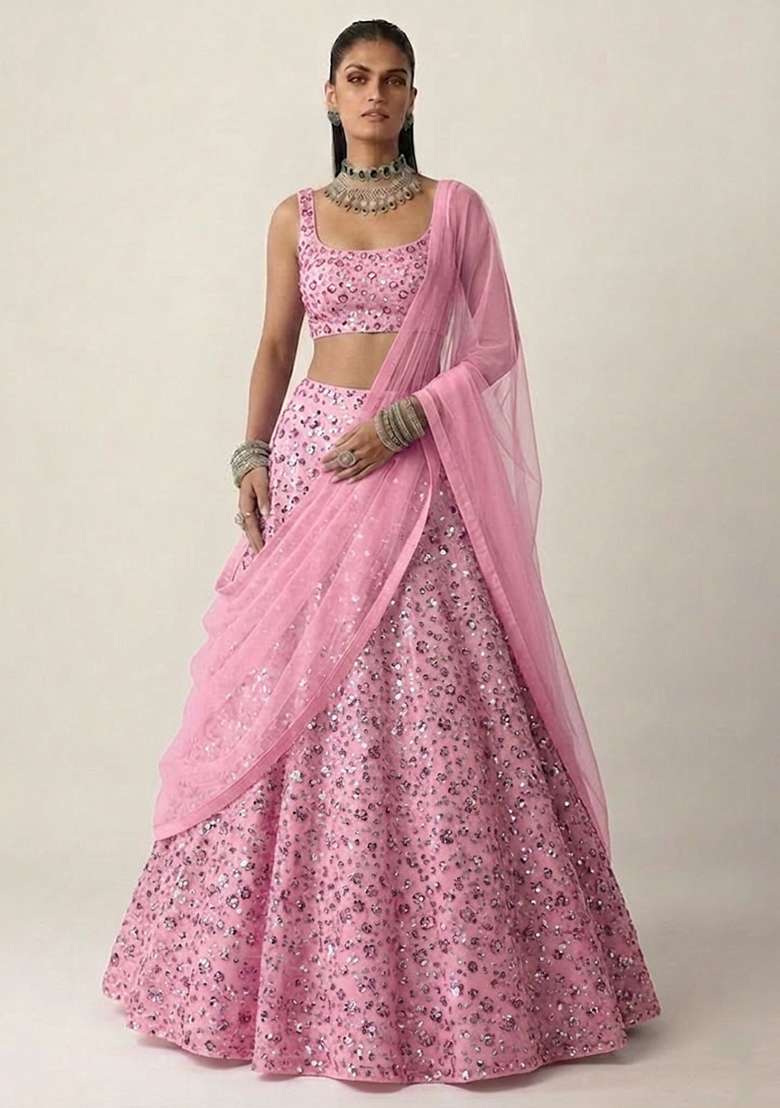 Dusty Pink Embroidered Net Lehenga Set - Indya