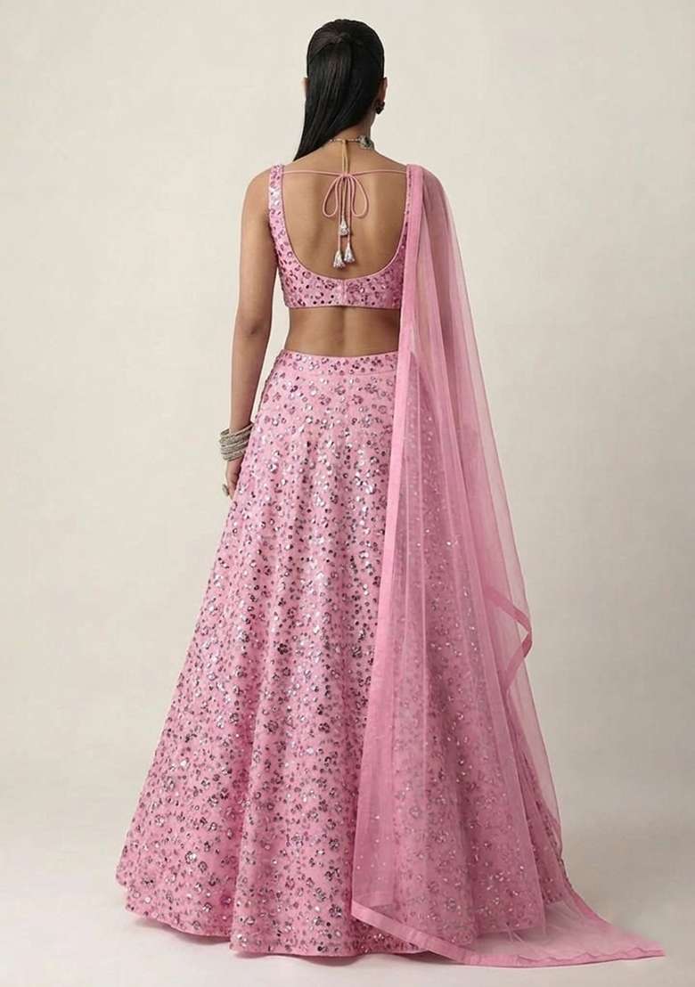 Dusty Pink Embroidered Net Lehenga Set - Indya