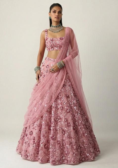 Dusty Pink Embroidered Net Lehenga Set