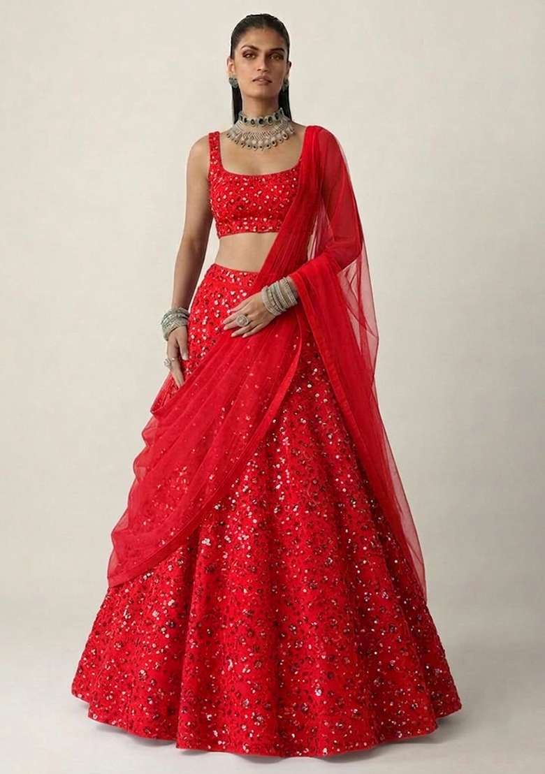 Red Embroidered Net Lehenga Set - Indya