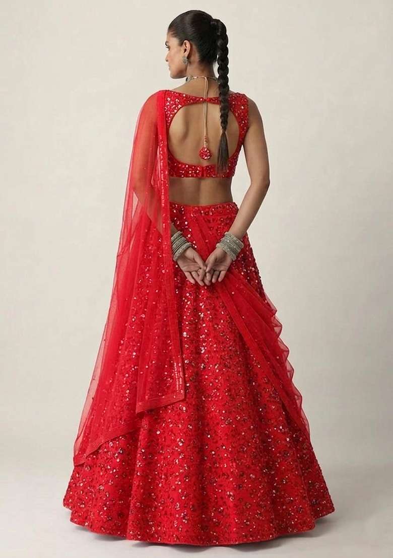 Red Embroidered Net Lehenga Set - Indya