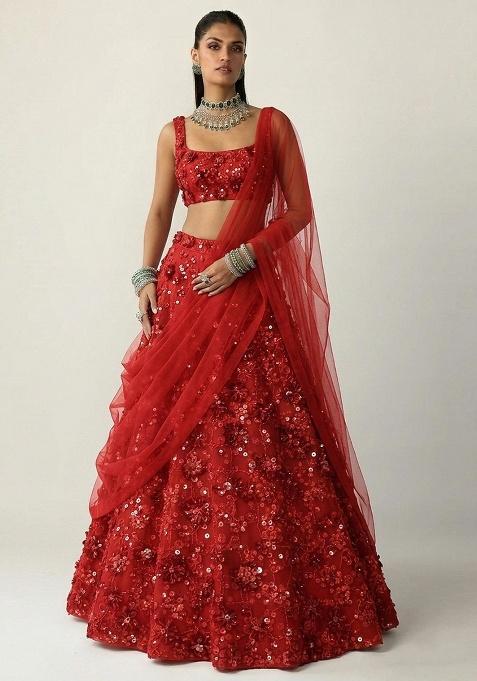 Red Embroidered Net Lehenga Set